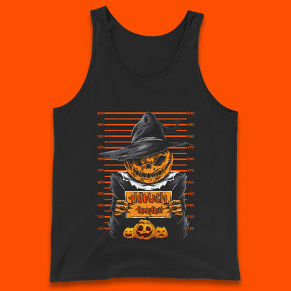 Halloween Trick Or Treat Scarecrow Mugshot Pumpkin Head Witch Hat Horror Scary Tank Top