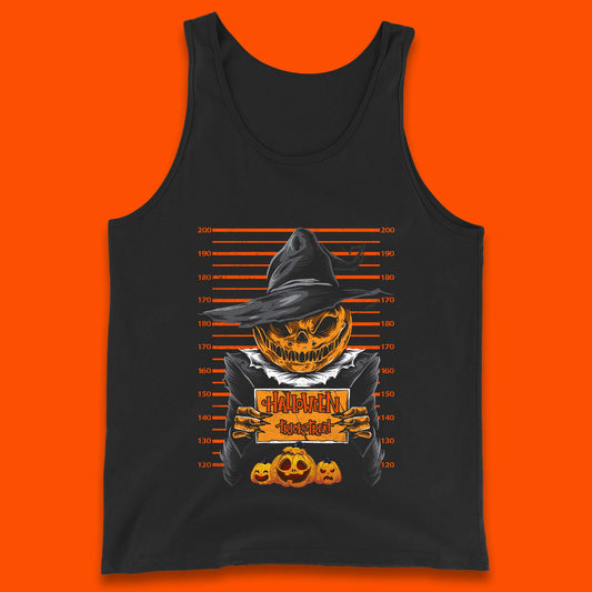 Halloween Trick Or Treat Scarecrow Mugshot Pumpkin Head Witch Hat Horror Scary Tank Top