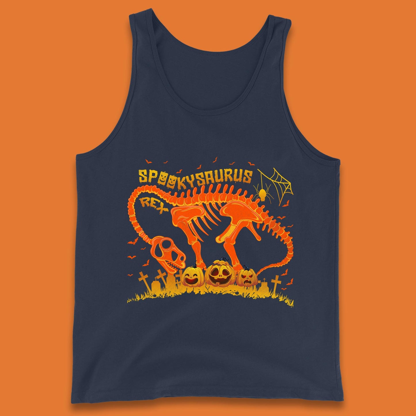 Spooky Saurus Rex Halloween Dinosaur T-Rex Skeleton With Scary Pumpkins Tank Top