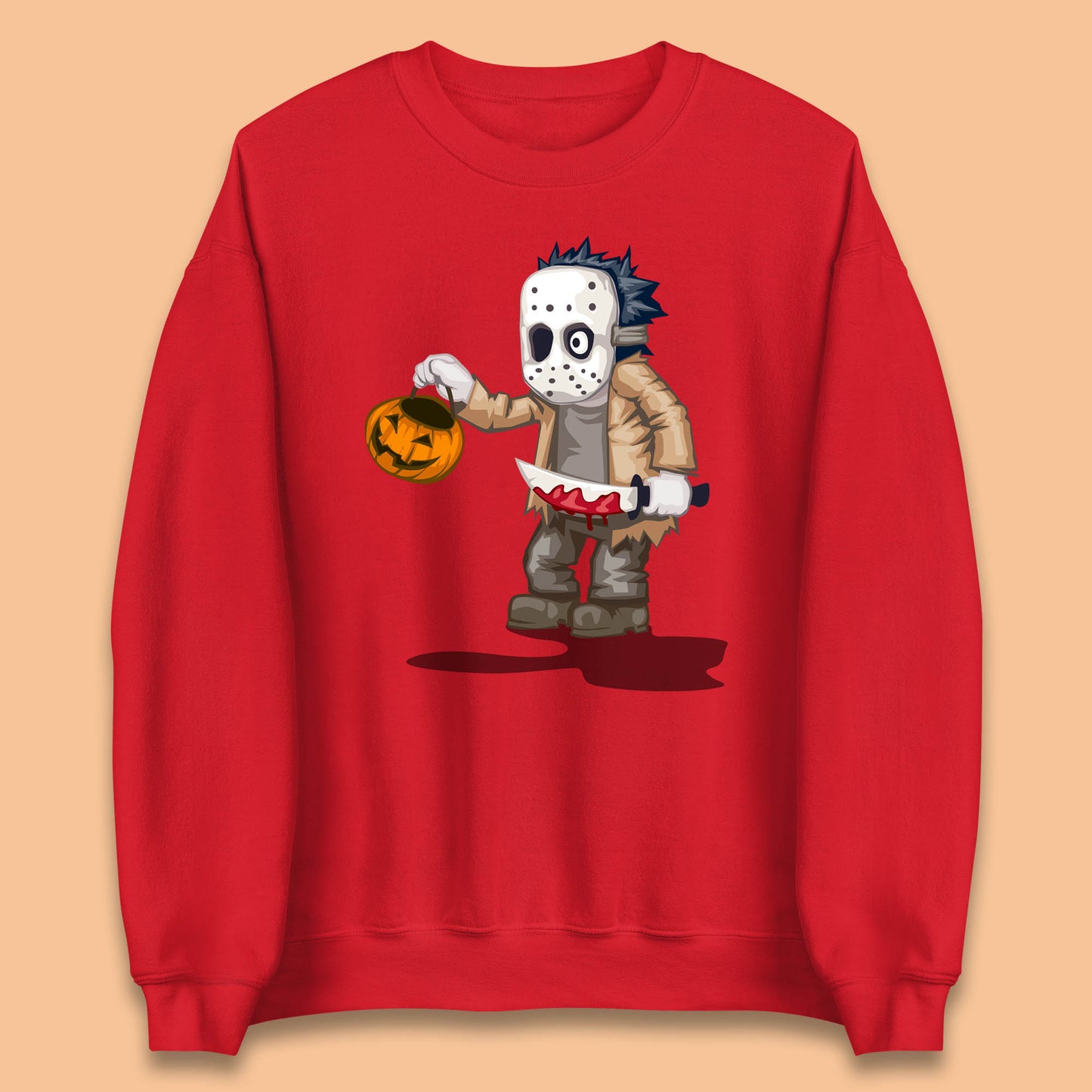 Chibi Jason Voorhees Holding Bloody Knife And Pumpkin Bucket Halloween Friday The 13th Horror Movie Unisex Sweatshirt