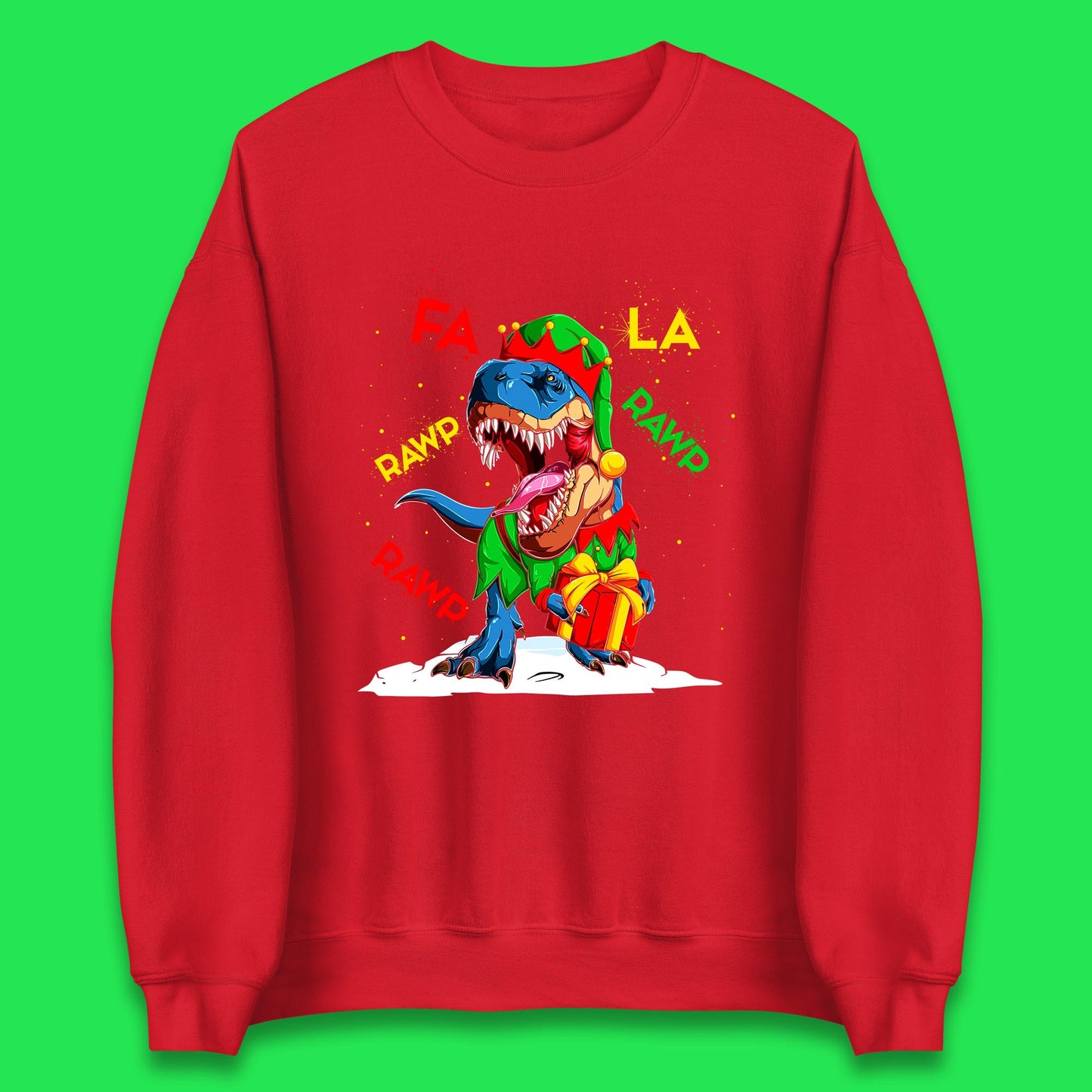 Fa La Rawr Rawr Christmas Dinosaur Wearing Elf Costume & Holding Gifts Xmas T-Rex Unisex Sweatshirt