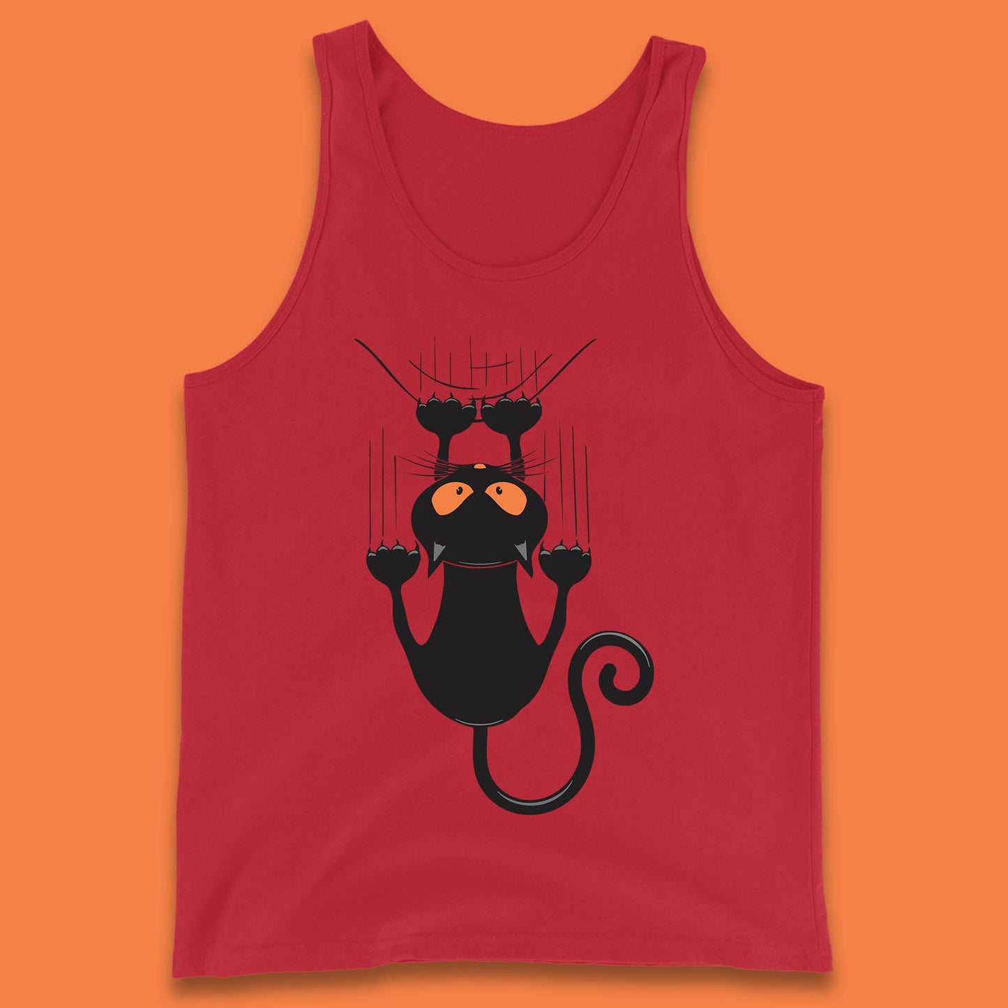 Black Cat Cartoon Scratching Climbing Wall Halloween Horror Scary Black Cat Spooky Season Tank Top