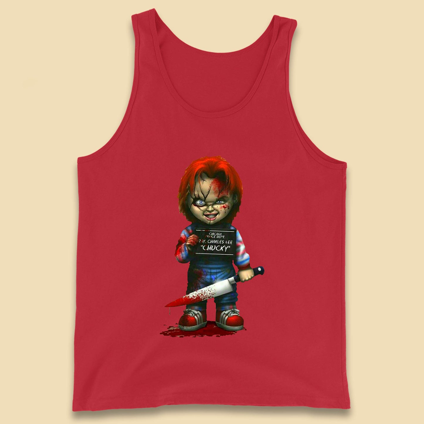 Chucky Mug Shot Chicago Police Dept Ray Charles Lee Chucky Halloween Horror Movie Tank Top