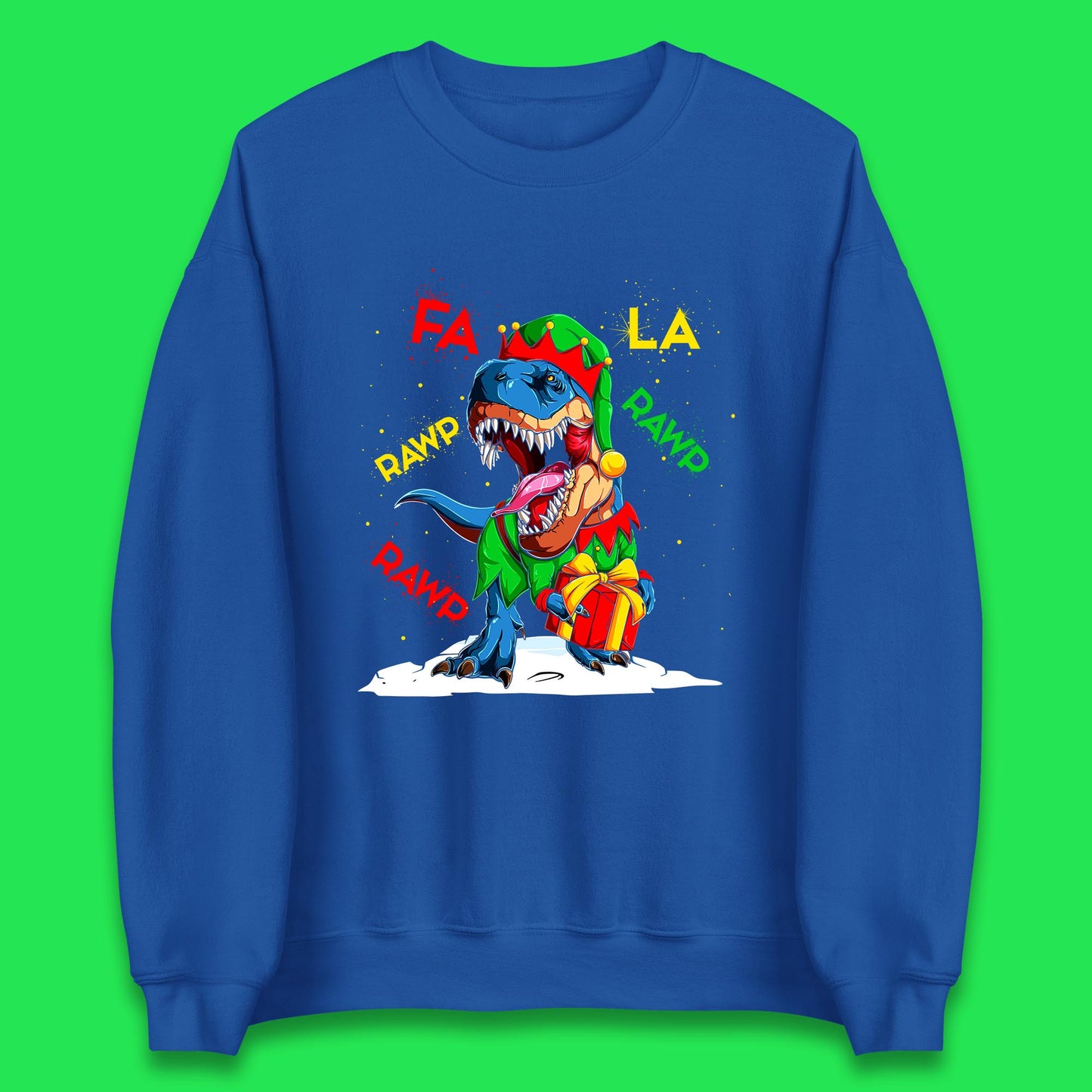 Fa La Rawr Rawr Christmas Dinosaur Wearing Elf Costume & Holding Gifts Xmas T-Rex Unisex Sweatshirt