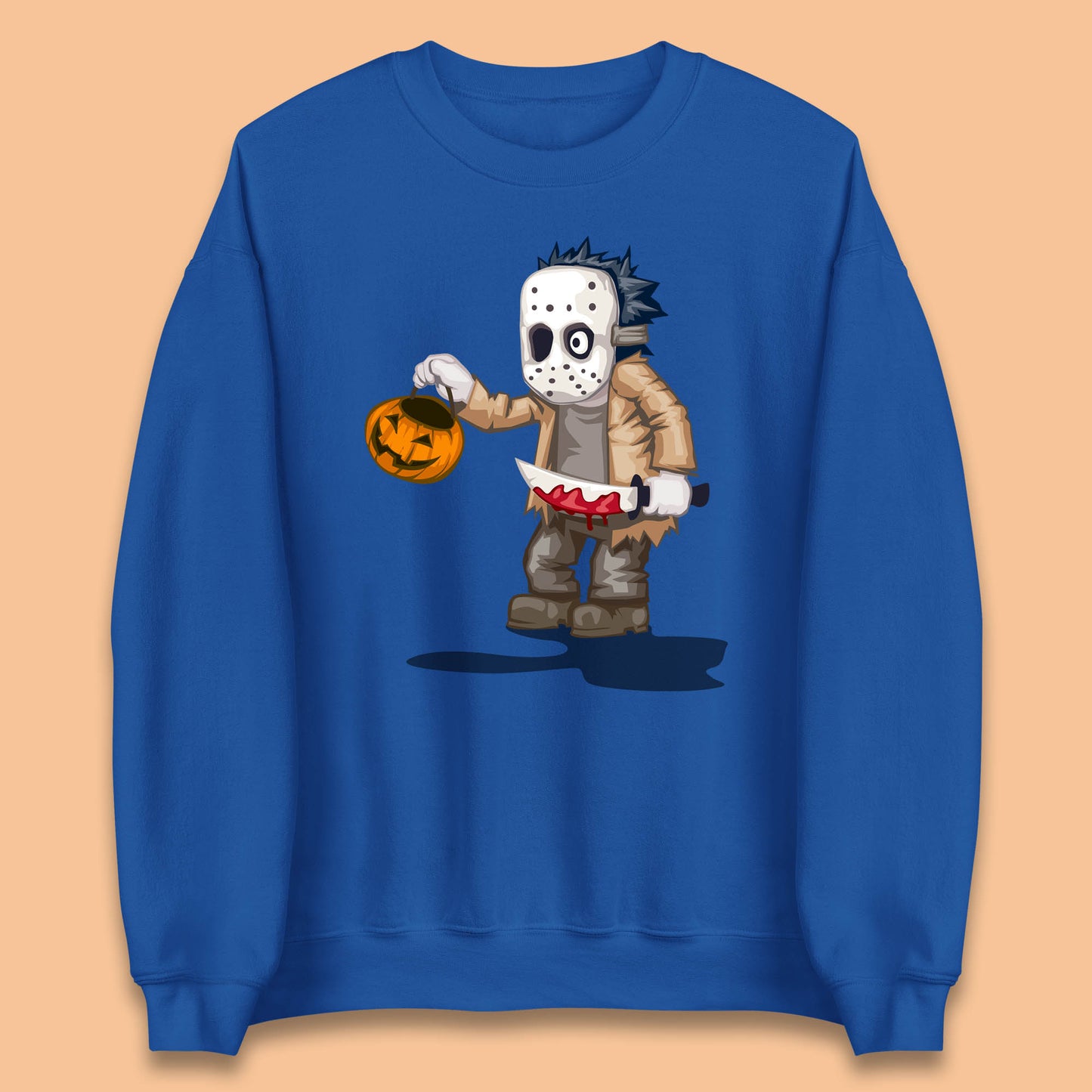 Chibi Jason Voorhees Holding Bloody Knife And Pumpkin Bucket Halloween Friday The 13th Horror Movie Unisex Sweatshirt