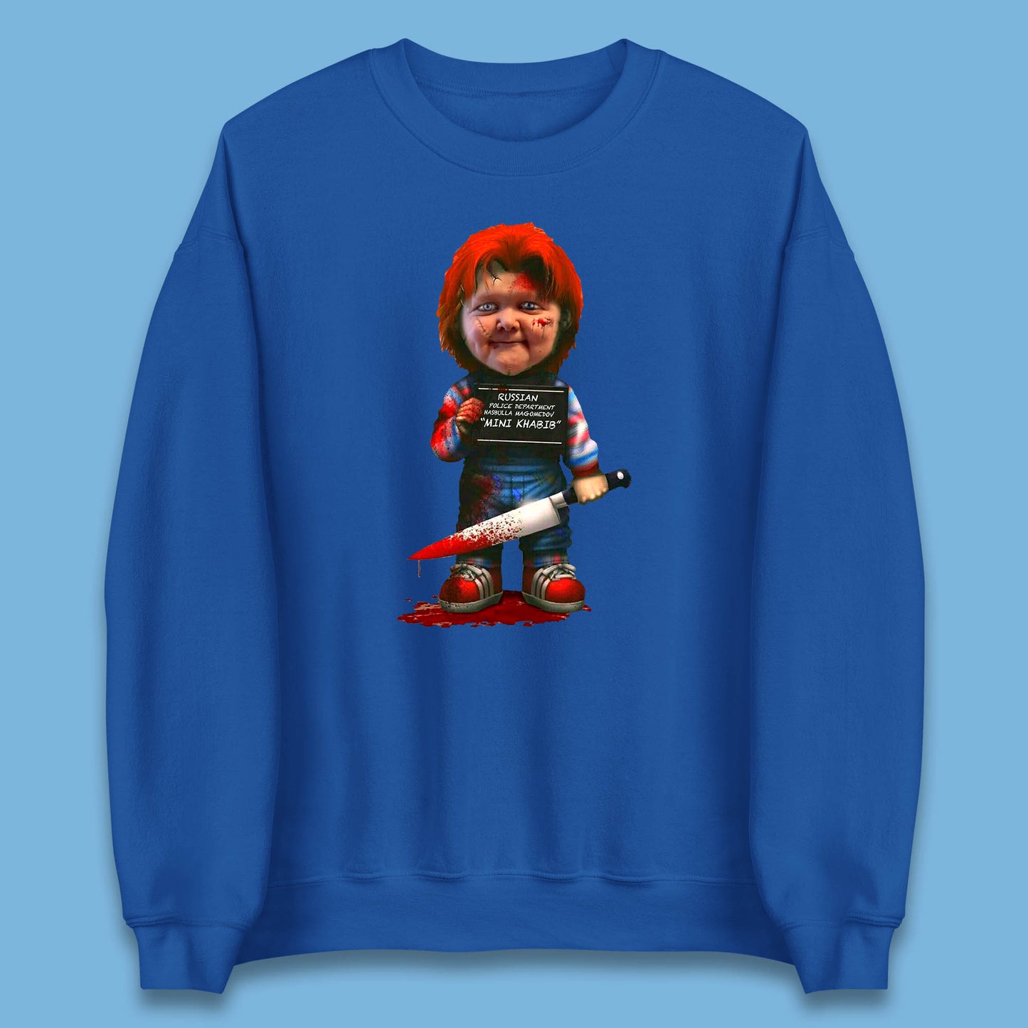 Chucky Mug Shot Russian Police Dept Hasbulla Magomedov Chucky Mini Khabib Inspired Halloween Horror Movie Good Guy Chucky Unisex Sweatshirt