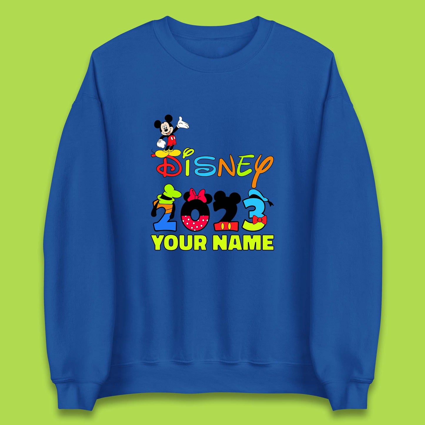 Personalised Disney 2023 Disney Club Your Name Mickey Mouse Minnie Mouse Donald Duck Pluto Goofy Cartoon Characters Disney Vacation Unisex Sweatshirt