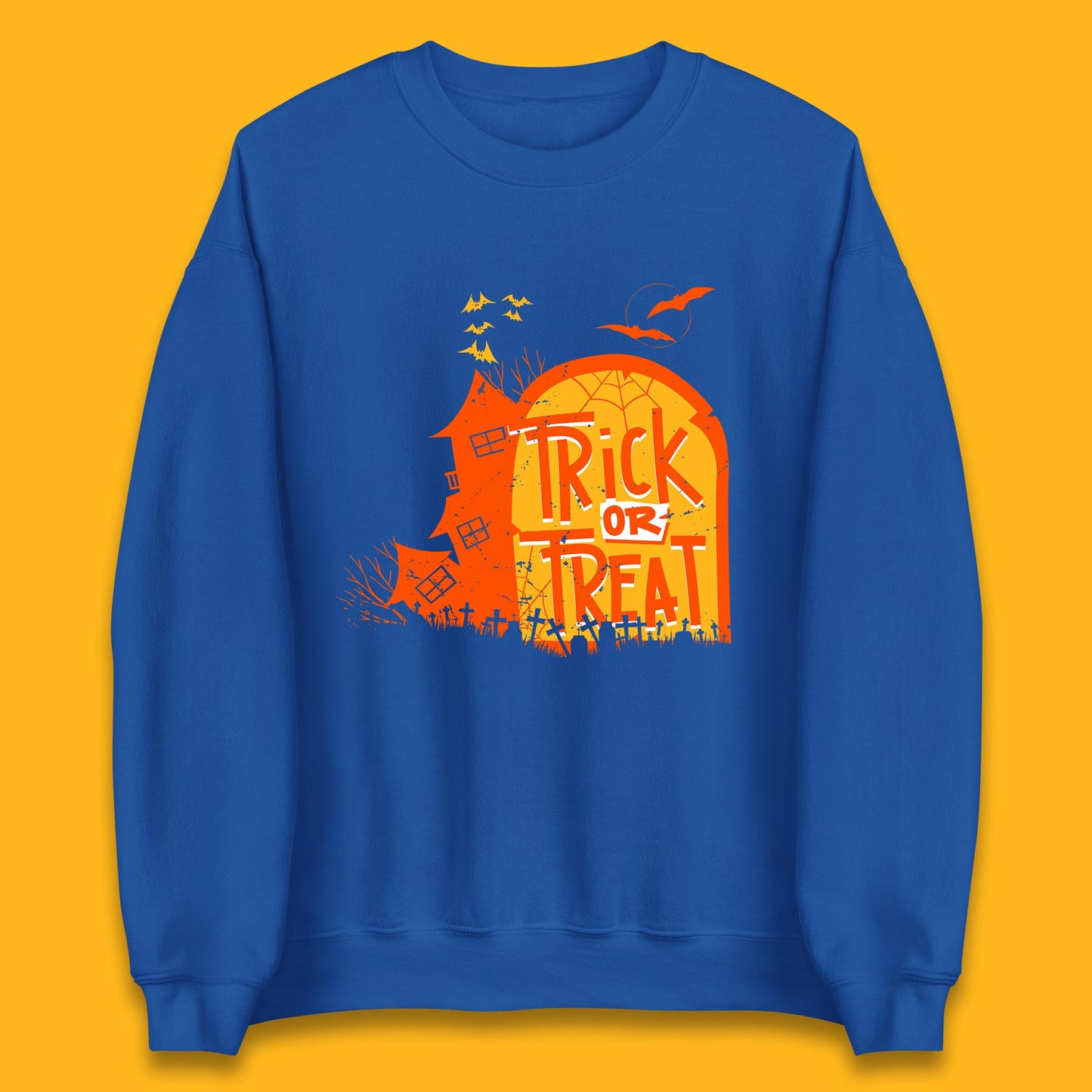 Trick Or Treat Halloween Terrific Abandoned Haunted House Flying Bats Unisex Sweatshirt