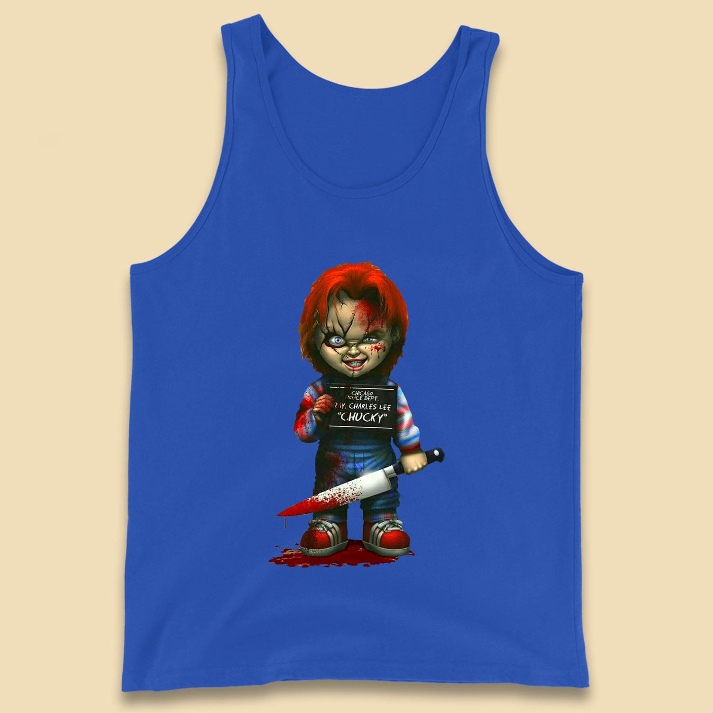 Chucky Mug Shot Chicago Police Dept Ray Charles Lee Chucky Halloween Horror Movie Tank Top