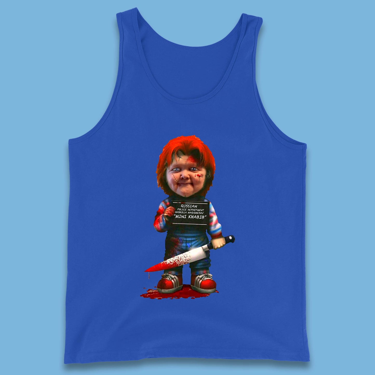 Chucky Mug Shot Russian Police Dept Hasbulla Magomedov Chucky Mini Khabib Inspired Halloween Horror Movie Good Guy Chucky Tank Top