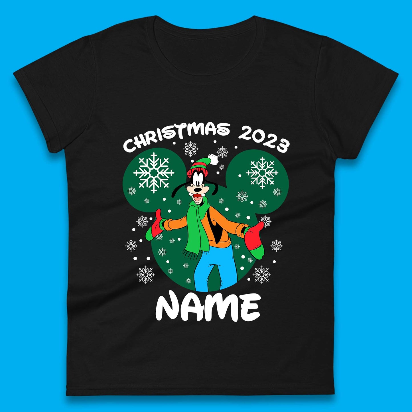 Personalised Christmas 2023 Your Name Santa Goofy And Pluto Xmas Disney Mickey And Friends Womens Tee Top