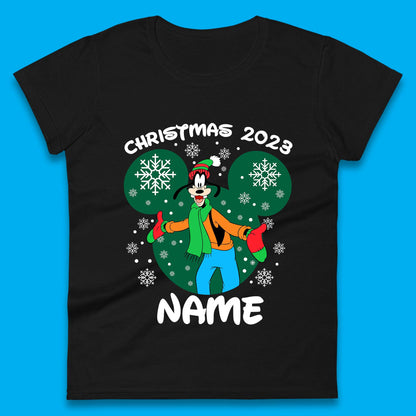 Personalised Christmas 2023 Your Name Santa Goofy And Pluto Xmas Disney Mickey And Friends Womens Tee Top