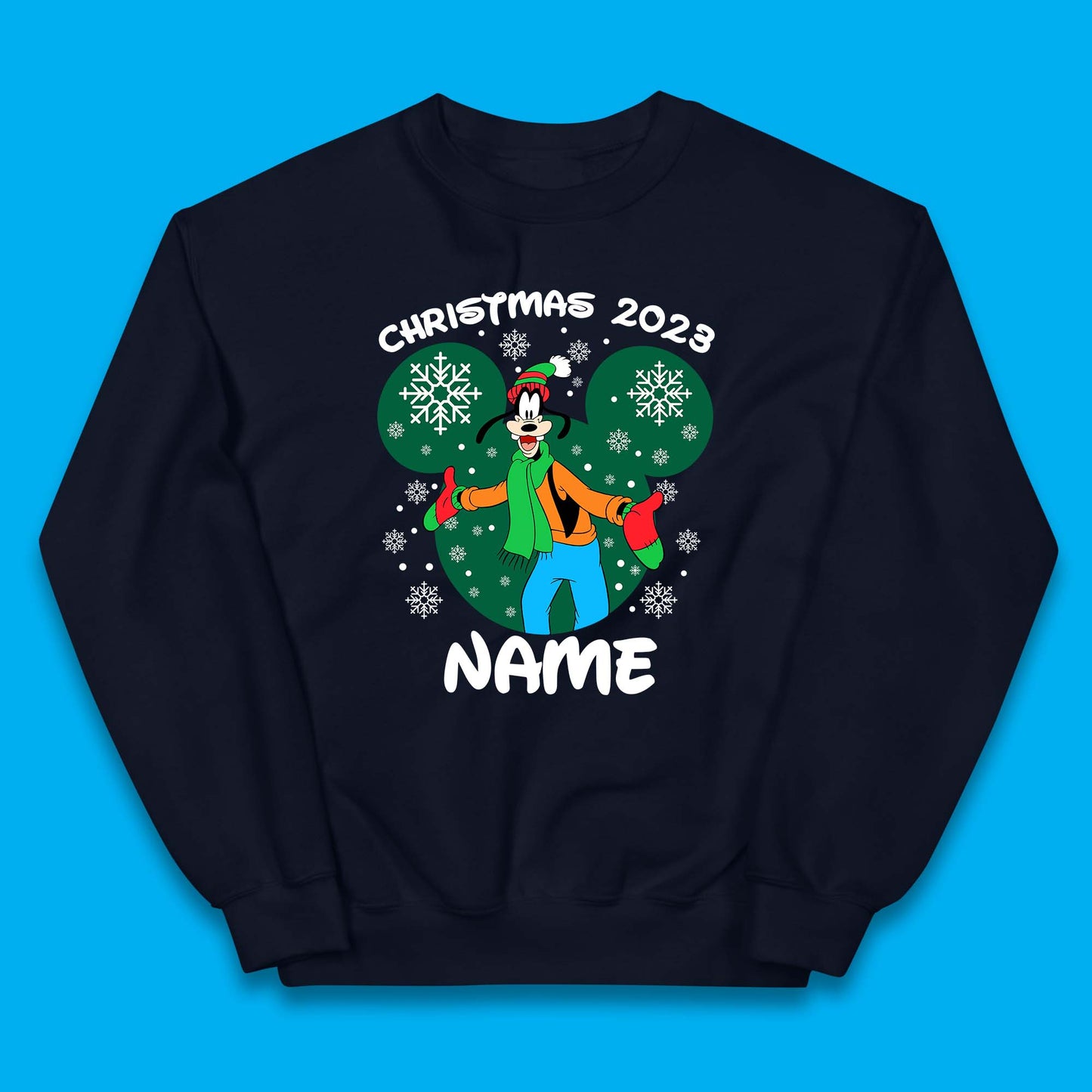 Personalised Christmas 2023 Your Name Santa Goofy And Pluto Xmas Disney Mickey And Friends Kids Jumper