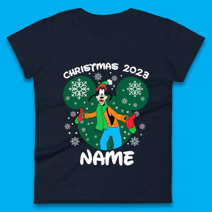 Personalised Christmas 2023 Your Name Santa Goofy And Pluto Xmas Disney Mickey And Friends Womens Tee Top