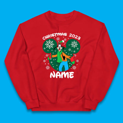 Personalised Christmas 2023 Your Name Santa Goofy And Pluto Xmas Disney Mickey And Friends Kids Jumper