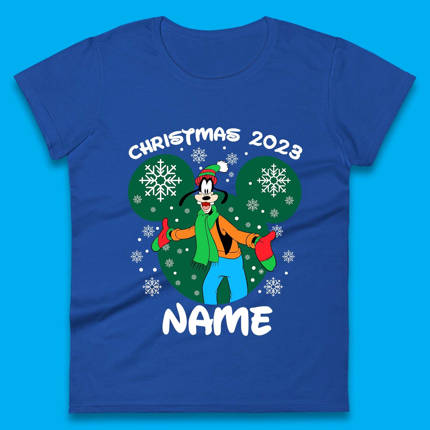 Personalised Christmas 2023 Your Name Santa Goofy And Pluto Xmas Disney Mickey And Friends Womens Tee Top