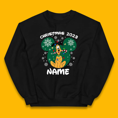 Personalised Christmas 2023 Your Name Santa Goofy And Pluto Xmas Disney Mickey And Friends Kids Jumper