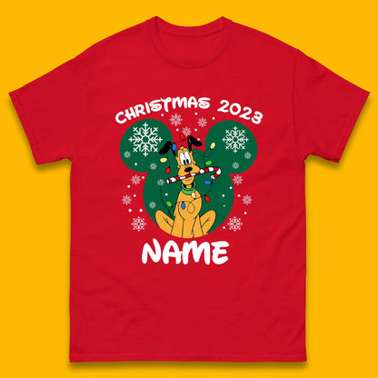 Personalised Christmas 2023 Your Name Santa Goofy And Pluto Xmas Disney Mickey And Friends Mens Tee Top