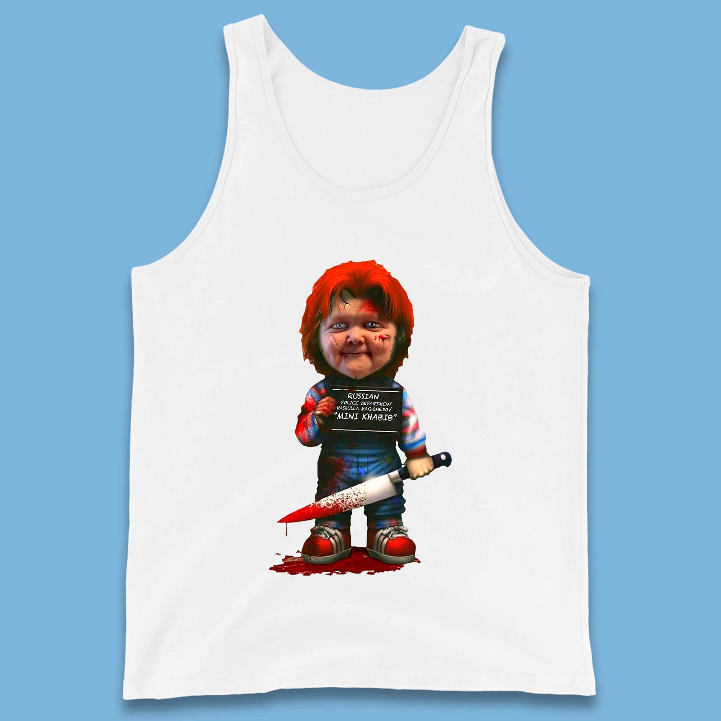 Chucky Mug Shot Russian Police Dept Hasbulla Magomedov Chucky Mini Khabib Inspired Halloween Horror Movie Good Guy Chucky Tank Top