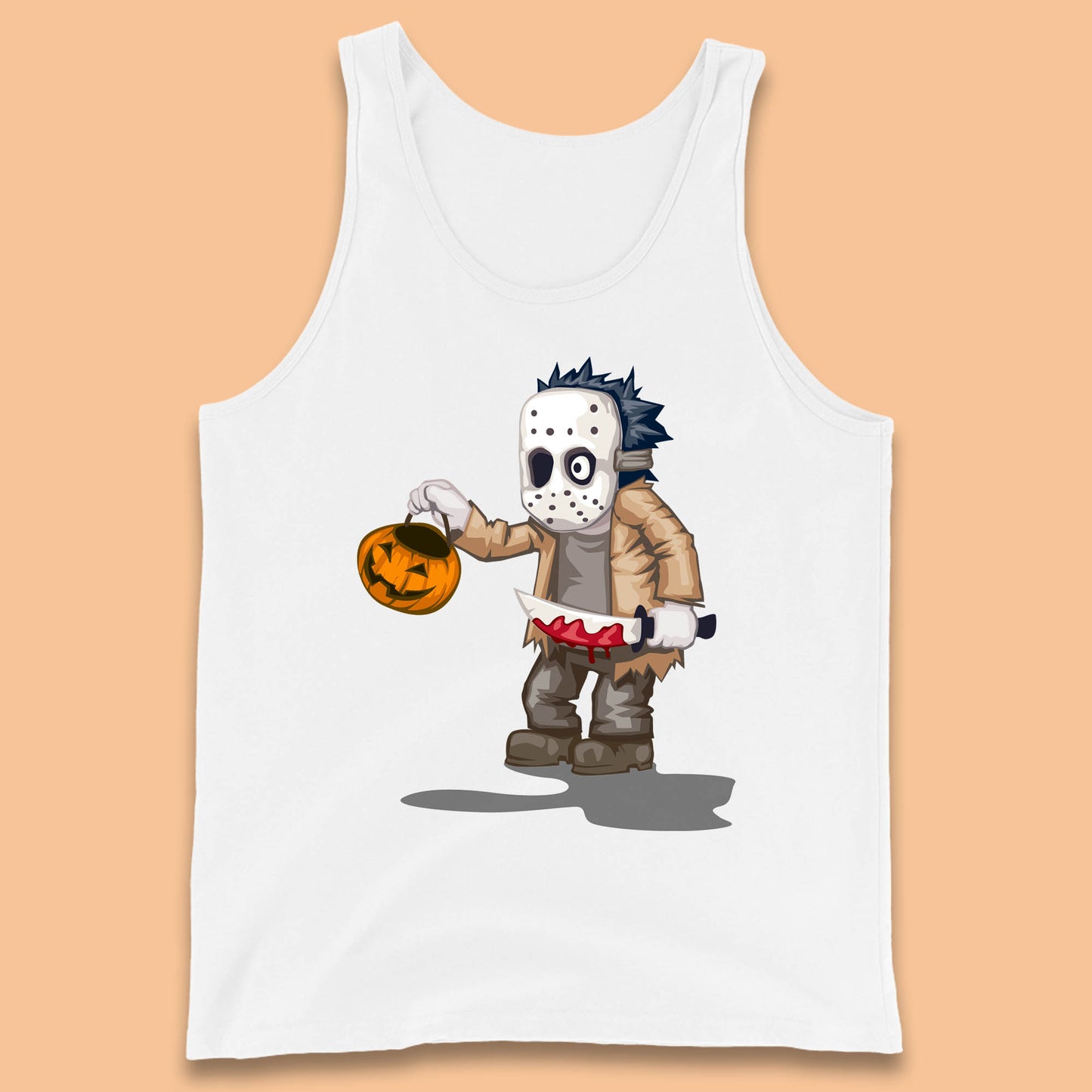 Chibi Jason Voorhees Holding Bloody Knife And Pumpkin Bucket Halloween Friday The 13th Horror Movie Tank Top