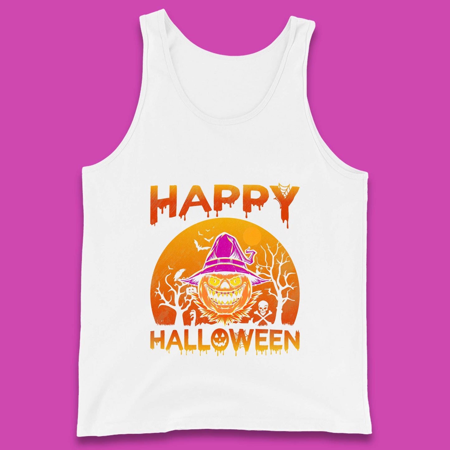 Happy Halloween Monster Pumpkin With Witch Hat Horror Scary Spooky Season Tank Top