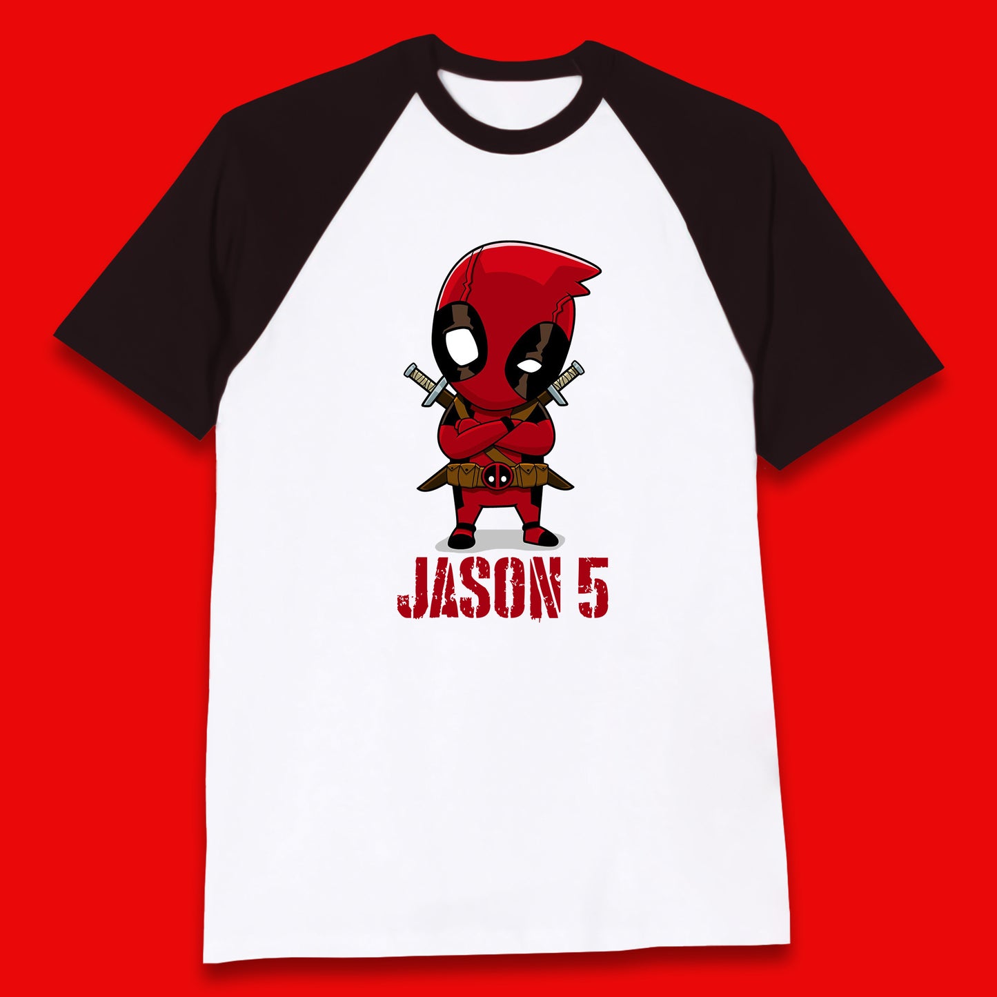 Personalised Chibi Deadpool Fictional Character Your Name & Age Superhero Comic Book Character Deadpool Marvel Comics Baseball T Shirt