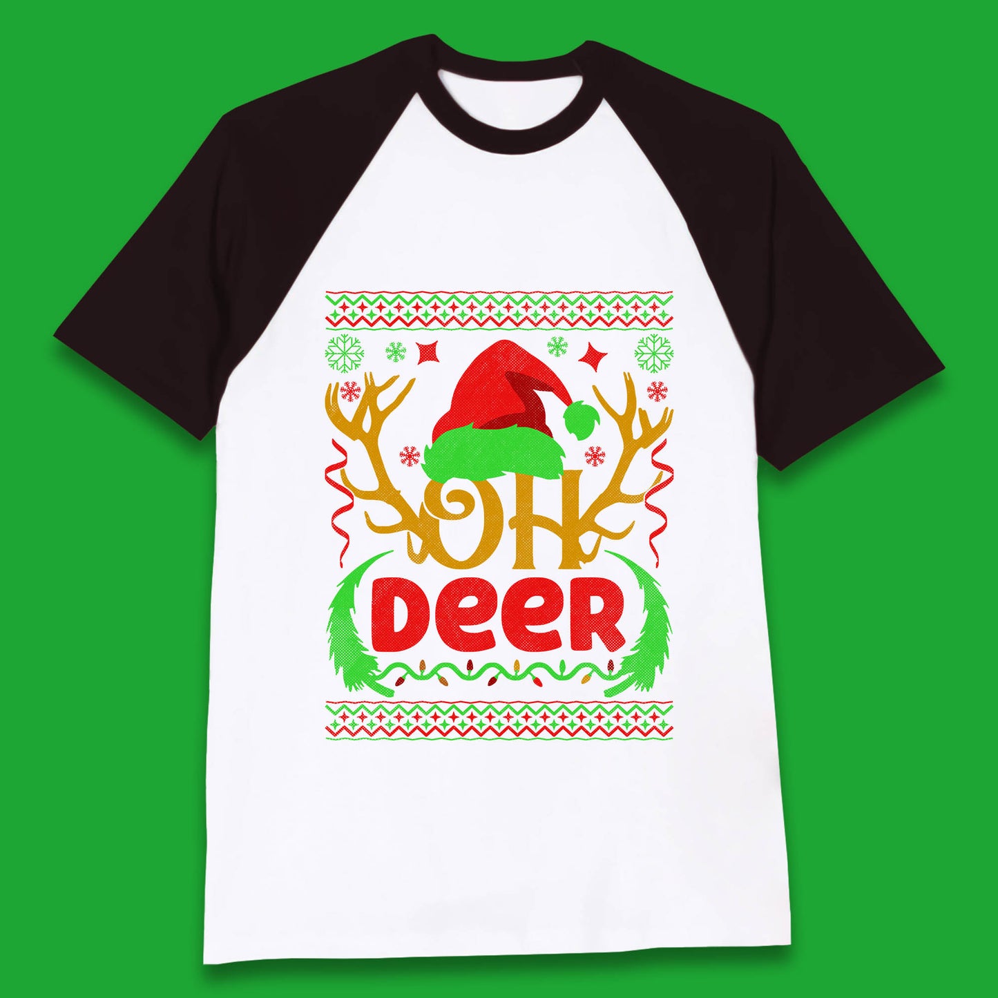 Oh Deer Merry Christmas Santa Hat Deer Antlers Funny Xmas Baseball T Shirt