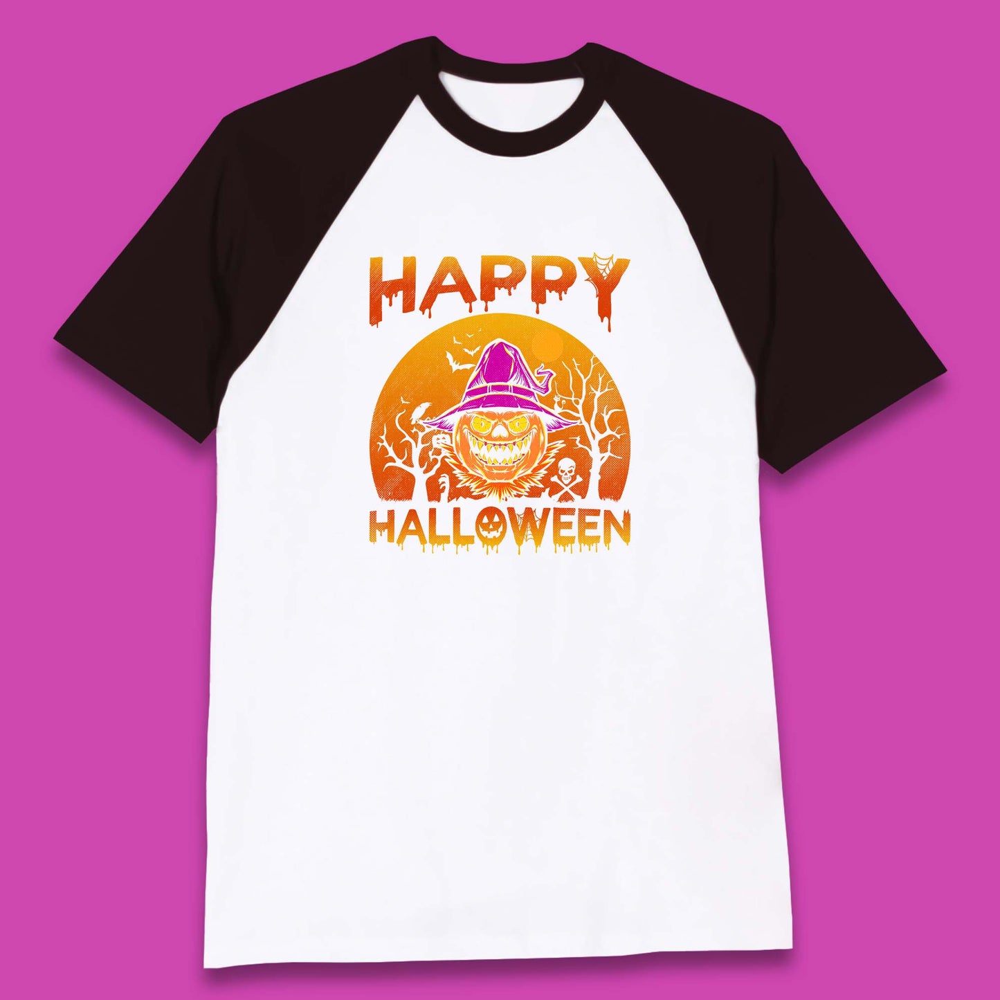 Happy Halloween Monster Pumpkin With Witch Hat Horror Scary Spooky Season Baseball T Shirt