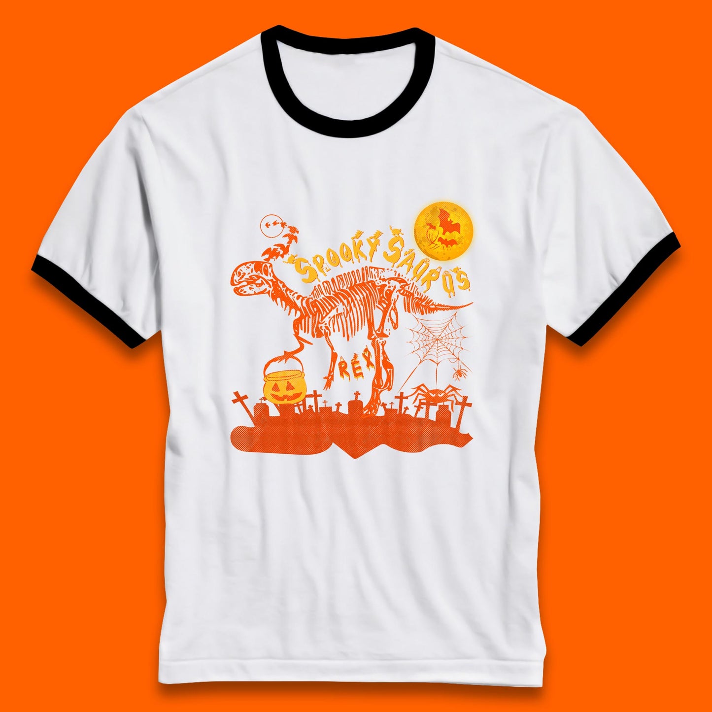 Spooky Saurus Rex Halloween Dinosaur Skeleton T-Rex Scary Pumpkin Ringer T Shirt