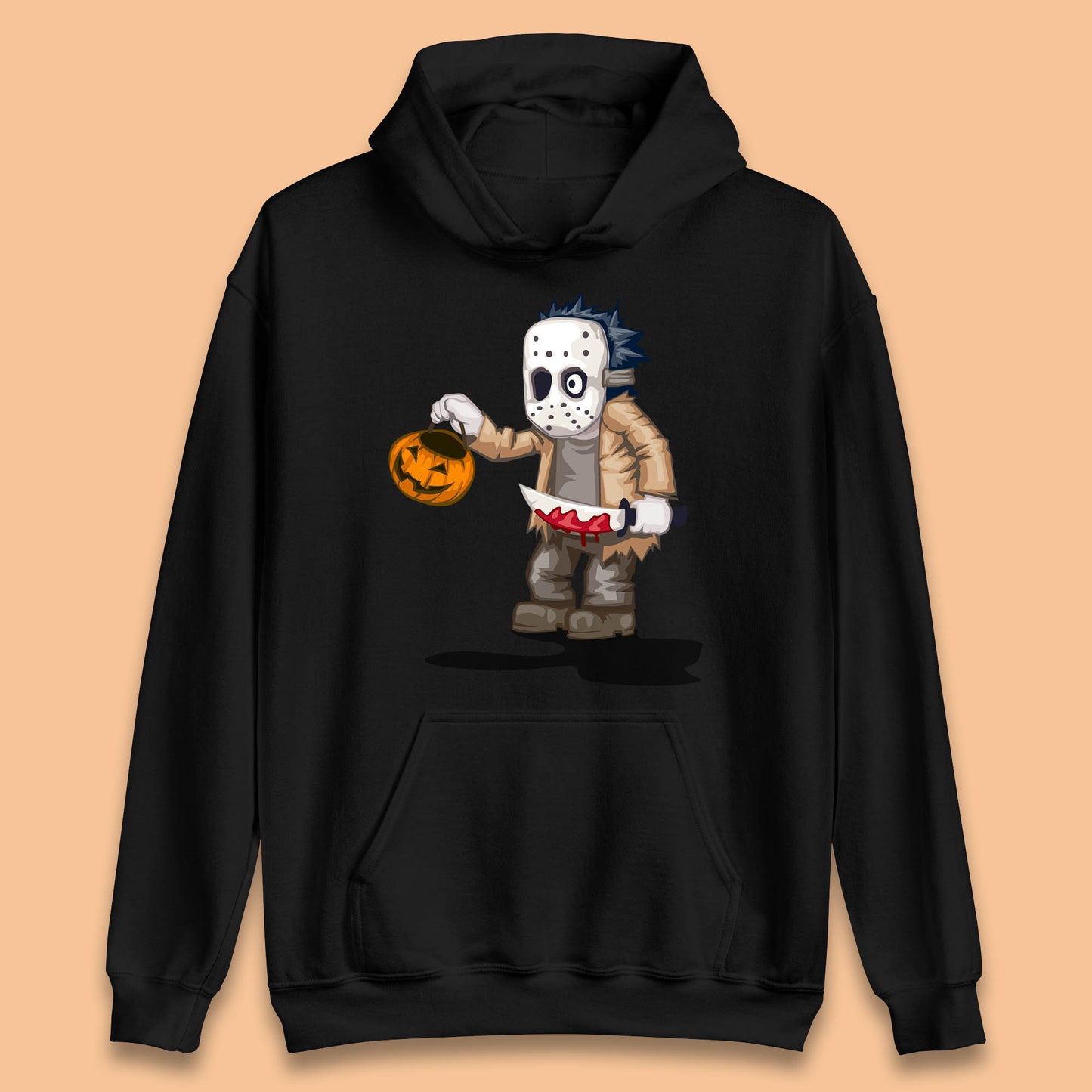 Chibi Jason Voorhees Holding Bloody Knife And Pumpkin Bucket Halloween Friday The 13th Horror Movie Unisex Hoodie