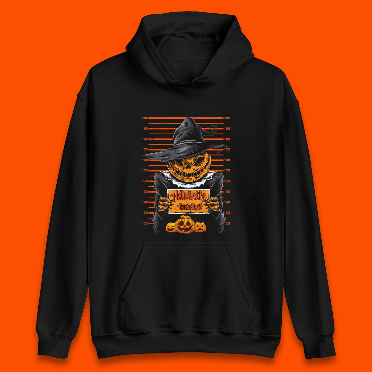 Halloween Trick Or Treat Scarecrow Mugshot Pumpkin Head Witch Hat Horror Scary Unisex Hoodie