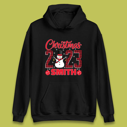 Personalised Christmas 2023 Your Name Snowman Buffalo Plaid Xmas Unisex Hoodie