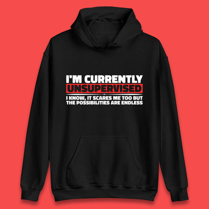 I'm Currently Unsupervised I Know It Scares Me Out Too But The Possibilities Are Endless Hilarious Funny Saying Unisex Hoodie