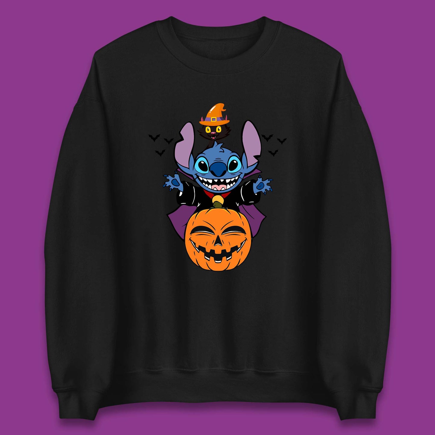 Disney Halloween Pumpkin Devil Stitch With Black Cat Horror Scary Disney Lilo & Stitch Unisex Sweatshirt