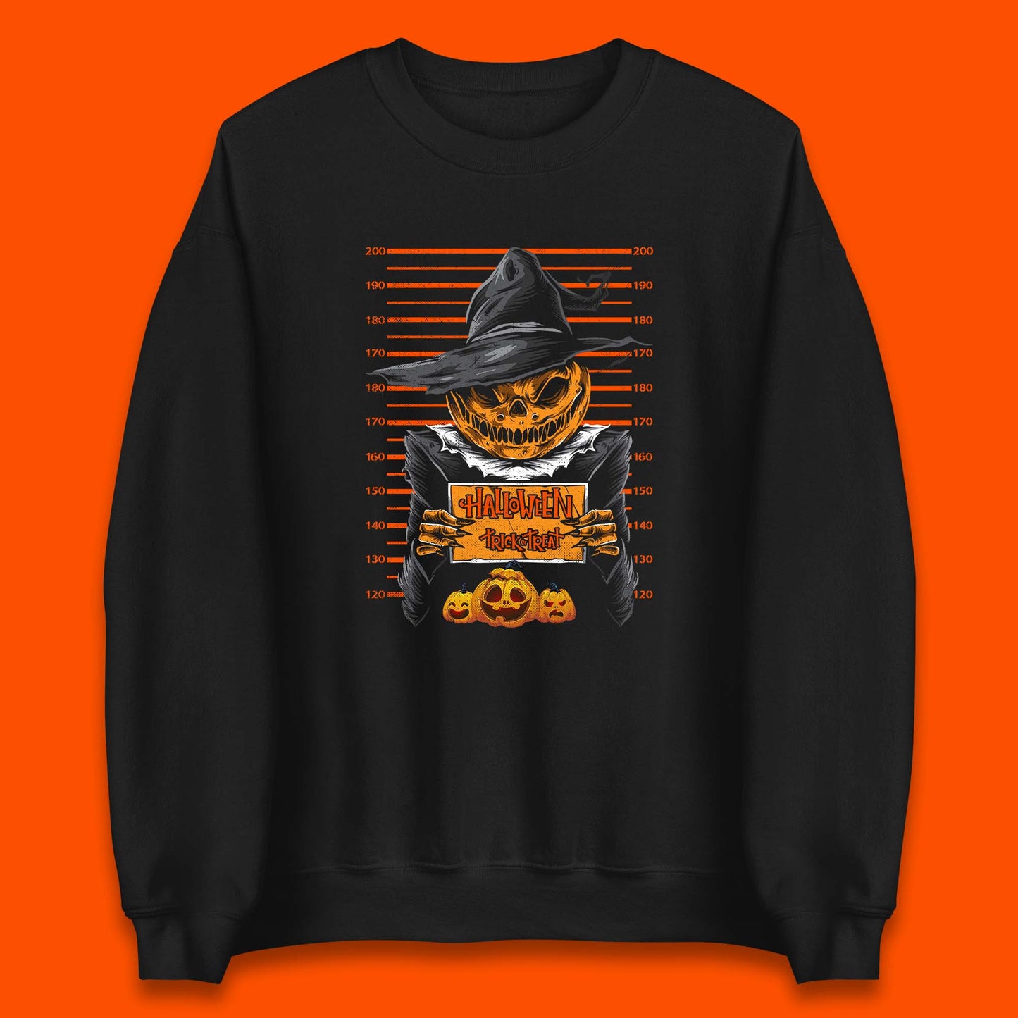 Halloween Trick Or Treat Scarecrow Mugshot Pumpkin Head Witch Hat Horror Scary Unisex Sweatshirt