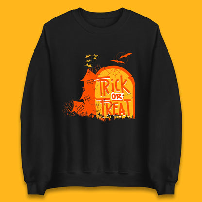 Trick Or Treat Halloween Terrific Abandoned Haunted House Flying Bats Unisex Sweatshirt