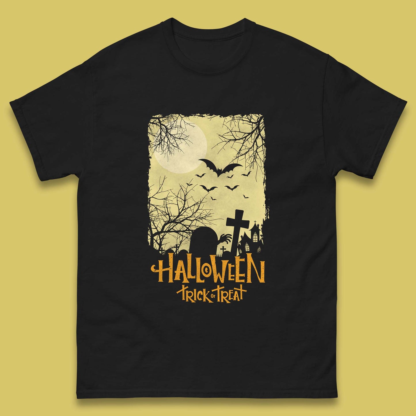 Halloween Trick Or Treat Horror Scary Graveyards Flying Bats Full Moon Mens Tee Top