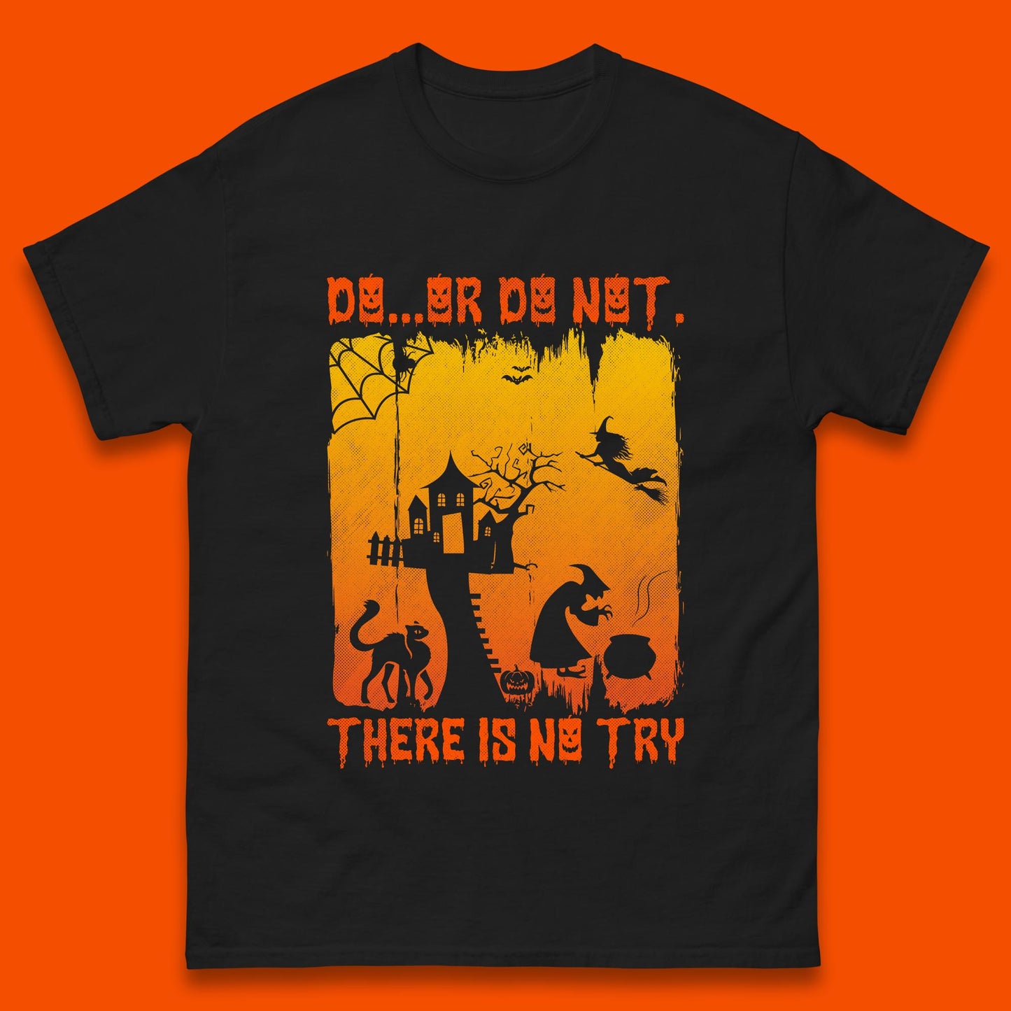 Do Or Do Not There Is No Try Halloween Tree House Flying Witch Scary Spooky Black Cat Mens Tee Top