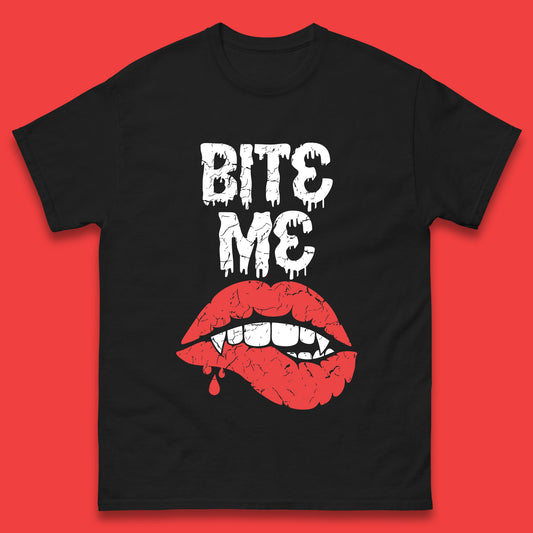 Bite Me Vampire Fangs Halloween Horror Lips Halloween Spooky Party Costume Mens Tee Top