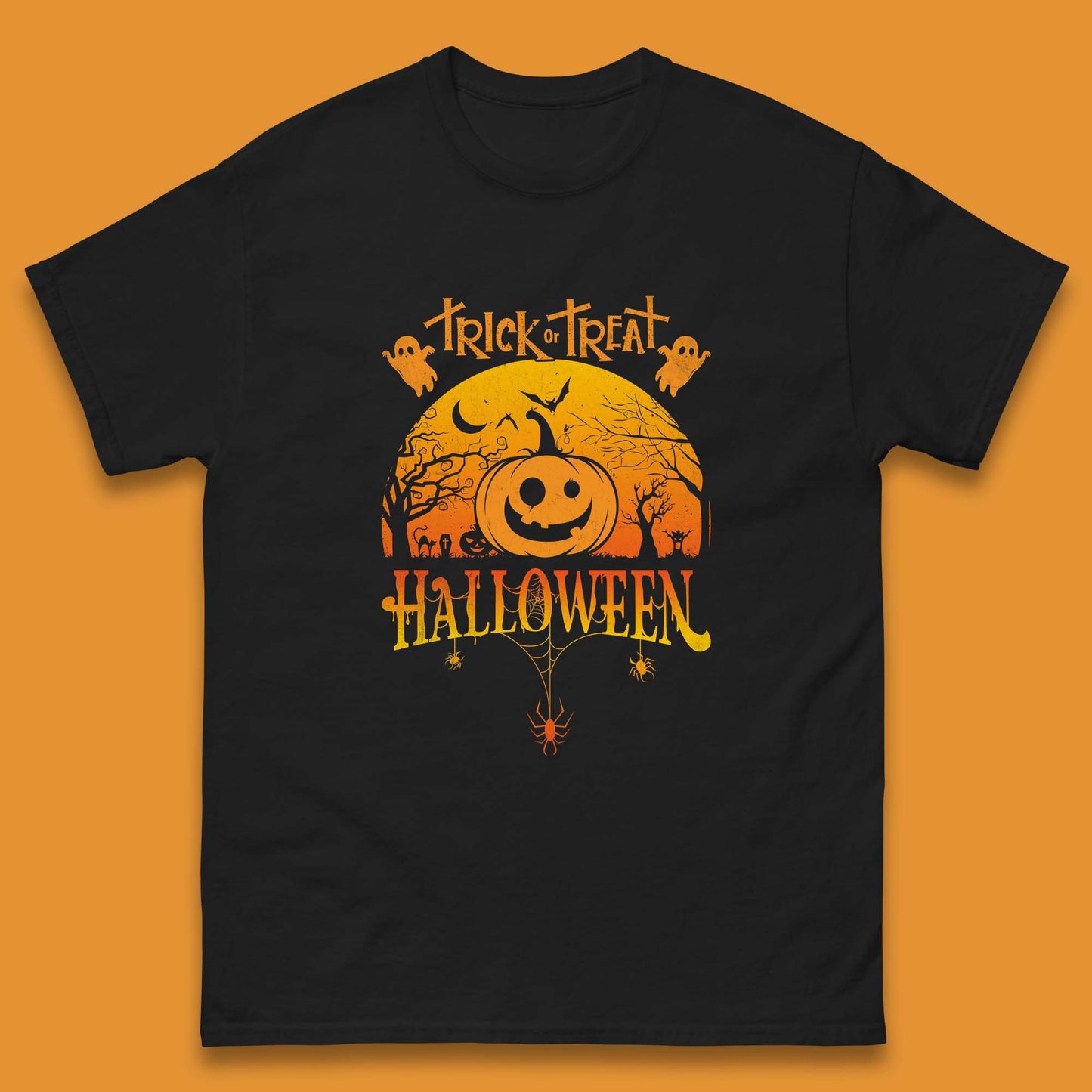 Trick Or Treat Halloween Pumpkin Haunted Trees Scary Spooky Season Mens Tee Top