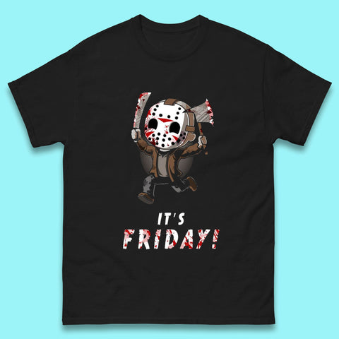 It's Friday Chibi Jason Voorhees Holding Bloody Knife & Bloody Axe Halloween Friday The 13th Horror Movie Mens Tee Top