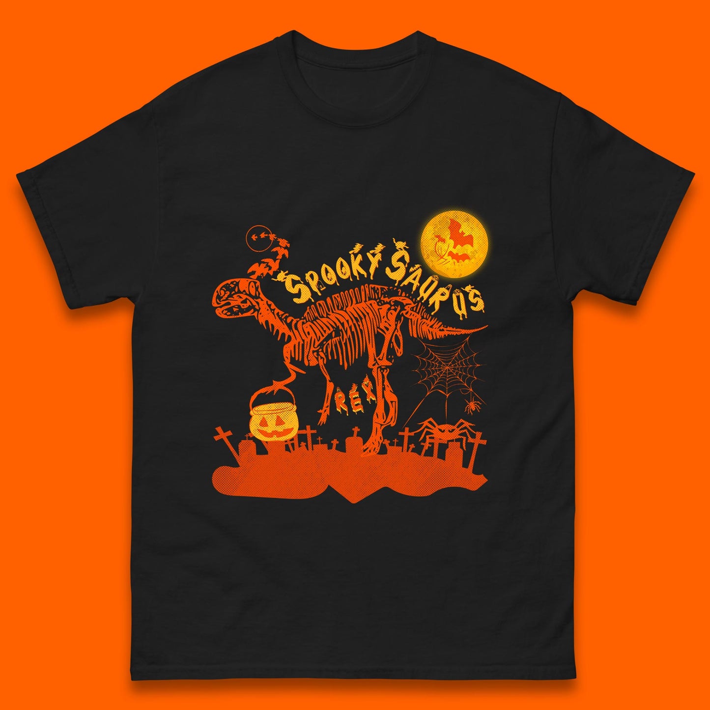 Spooky Saurus Rex Halloween Dinosaur Skeleton T-Rex Scary Pumpkin Mens Tee Top