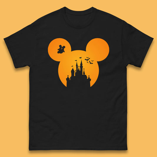 Disney Mickey Mouse Happy Halloween Disney Castle Halloween Scary Boo Flying Bats Mens Tee Top