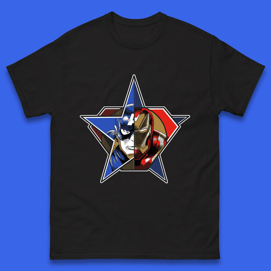 Captain America Logo With Iron Man Marvel Avengers Superheros Movie Character Mens Tee Top