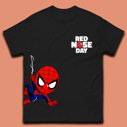 Spider Man Peeking Red Nose Day Mens T-Shirt