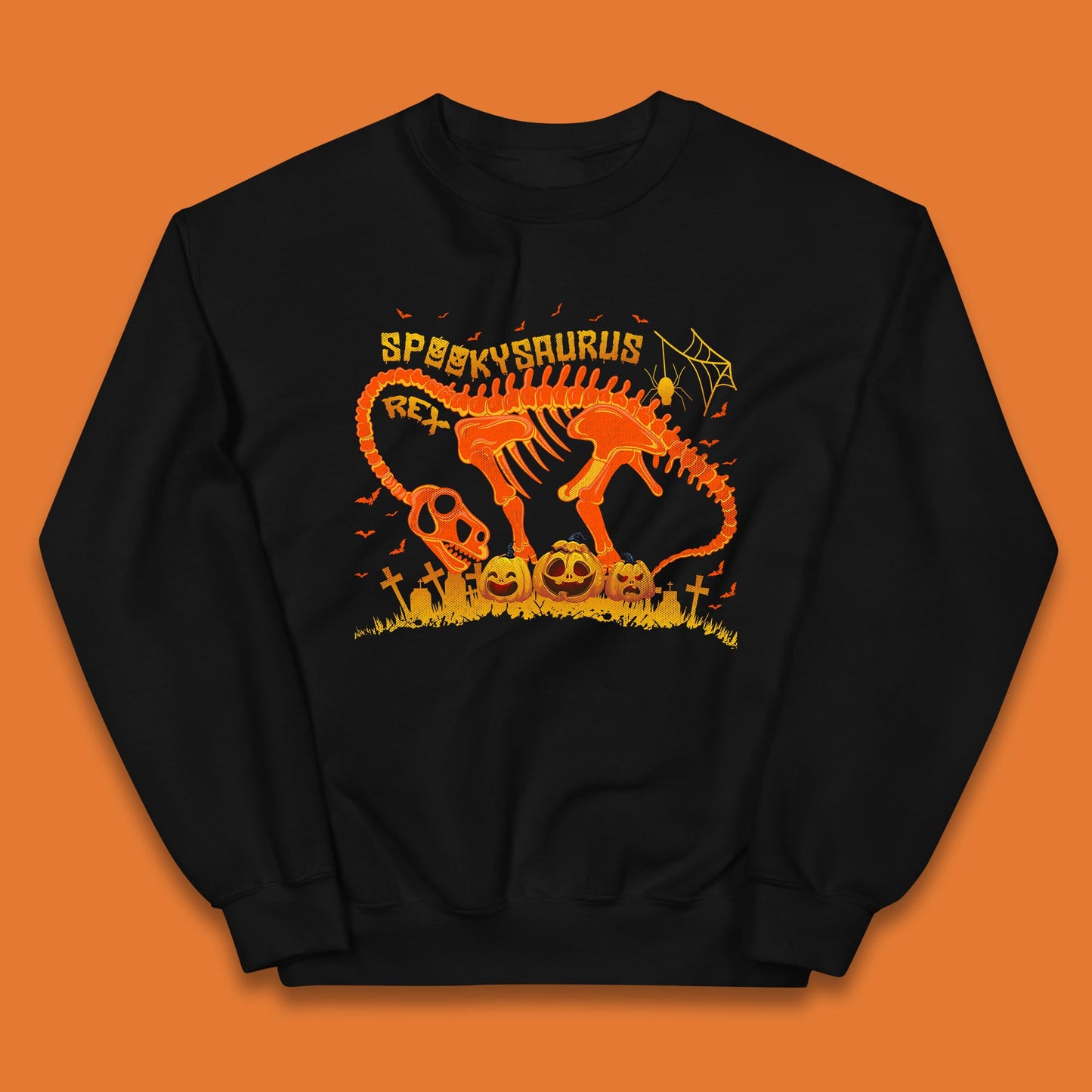 Spooky Saurus Rex Halloween Dinosaur T-Rex Skeleton With Scary Pumpkins Kids Jumper