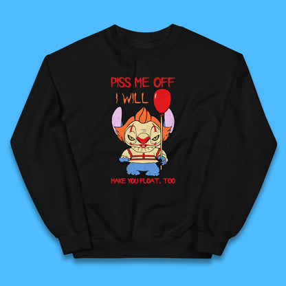 Piss Me Off I Will Make You Float, Too Halloween IT Pennywise Clown & Disney Stitch Movie Mashup Parody Kids Jumper