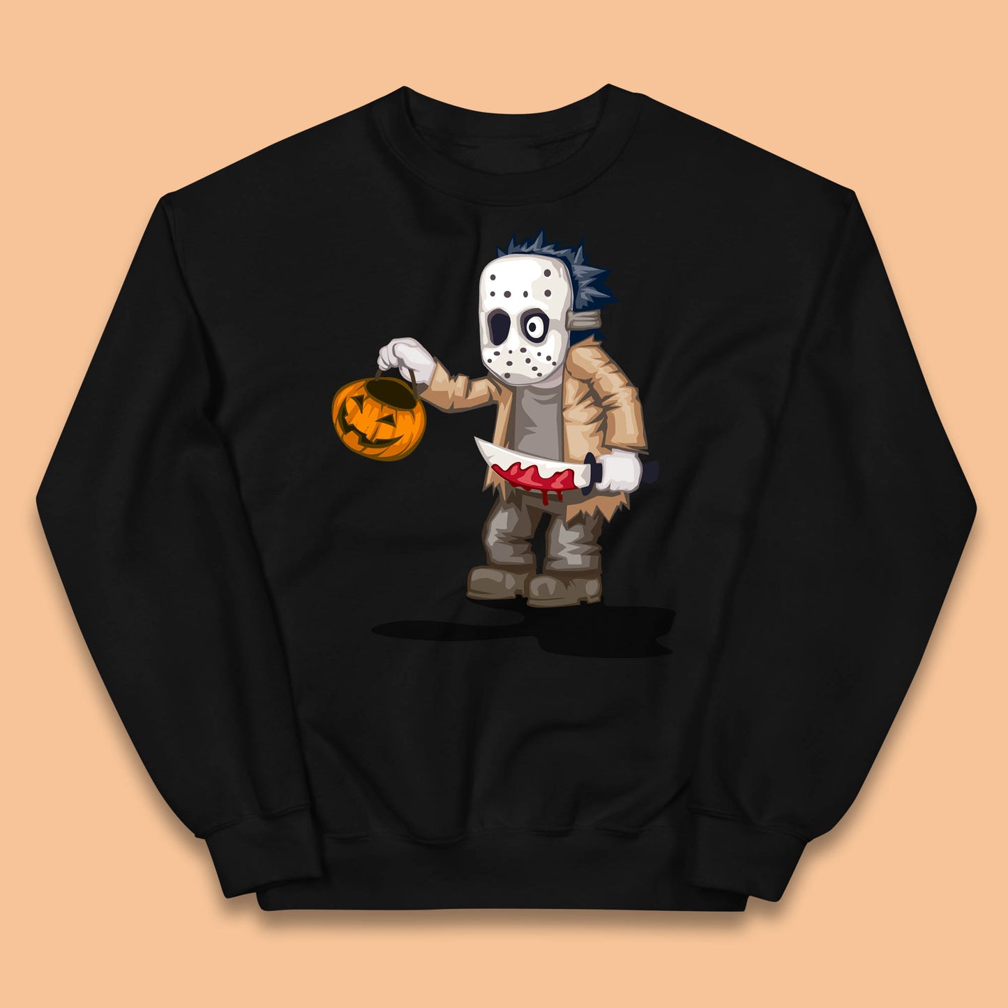 Chibi Jason Voorhees Holding Bloody Knife And Pumpkin Bucket Halloween Friday The 13th Horror Movie Kids Jumper