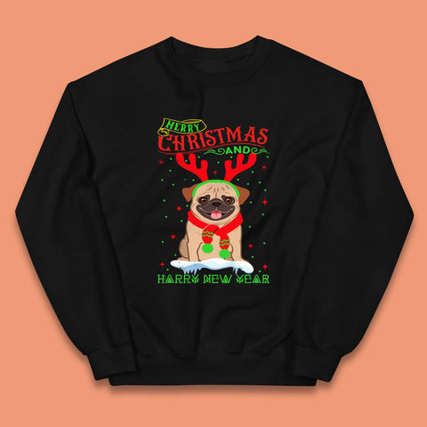 Merry Christmas And Happy New Year Pug Dog Wearing Red Scarf And Antlers Xmas Dog Lovers Kids Jumper