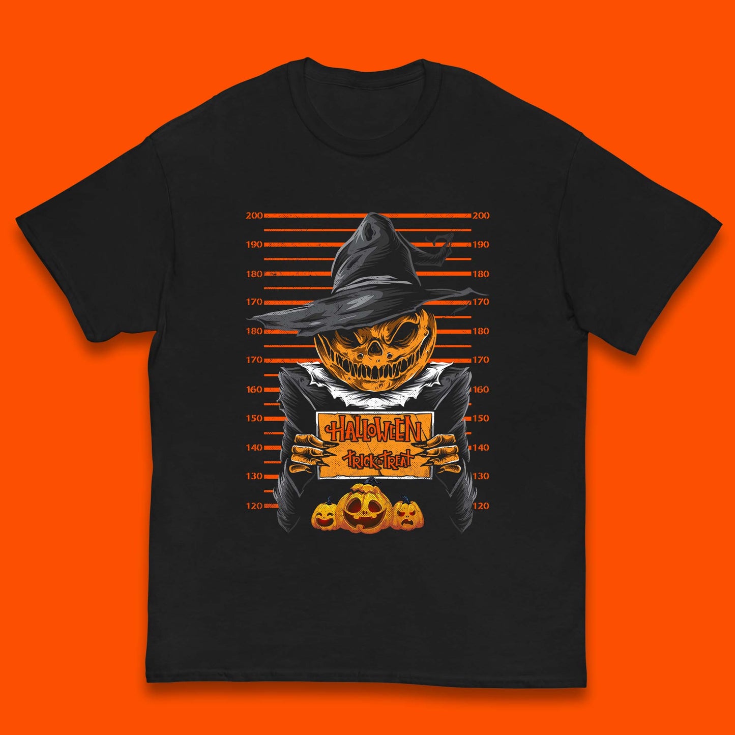 Halloween Trick Or Treat Scarecrow Mugshot Pumpkin Head Witch Hat Horror Scary Kids T Shirt